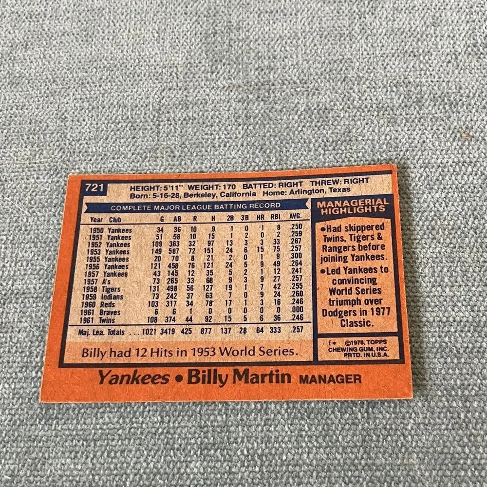1978 Topps New York Yankees Baseball Card Trading Card